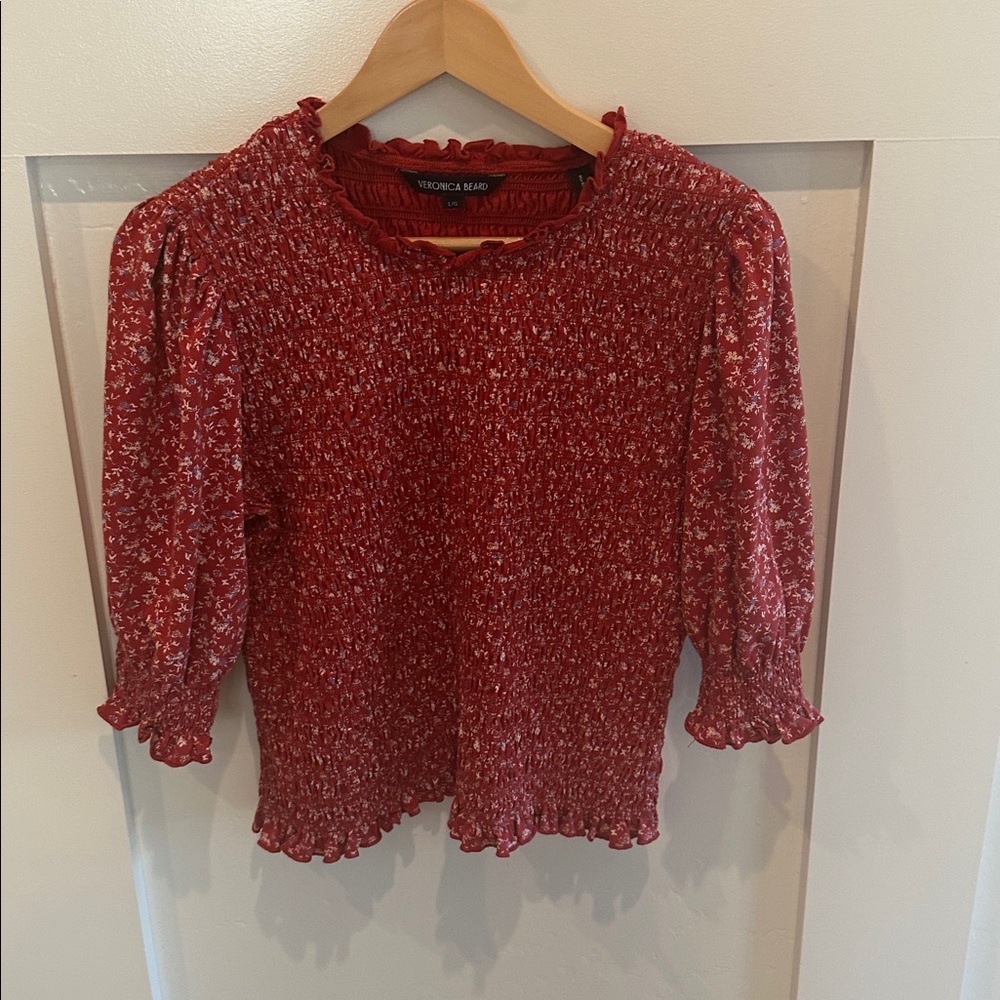 Veronica Beard Red Smocked Blouse